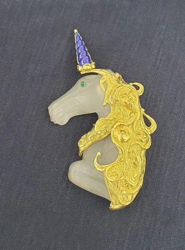 UNICORN GOLD ART NOUVEAU CAMPHOR GLASS LAPIS EMERALD 14K BROOCH: Art Nouveau Camphor Glass Lapis Emerald 14k Gold Unicorn Brooch LIQUIDATION Description This is an impressive Art Nouveau brooch, it is large with a smooth carved neck and head of a unicorn from frost