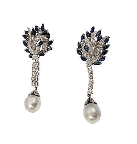 ESTATE 9CT DIAMOND SAPPHIRE PEARL 18K GOLD FANCY DANGLE EARRINGS LIQUIDATION (1 of 2)