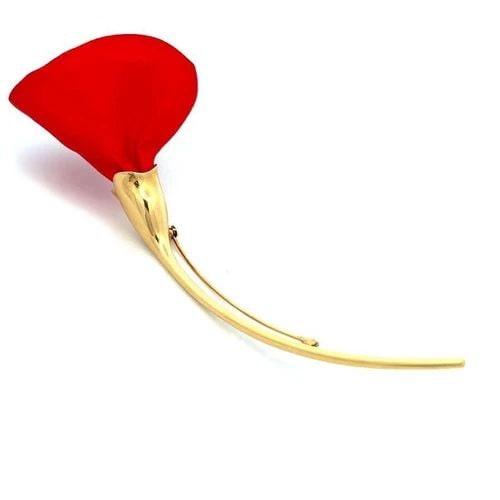 TIFFANY & CO. PERETTI AMAPOLA BROOCH RED SILK POPPY FLOWER 18K YELLOW GOLD: TIFFANY & CO. PERETTI AMAPOLA BROOCH RED SILK POPPY FLOWER 18K YELLOW GOLD This adorable authentic brooch is from Tiffany & Co. by designer Elsa Peretti from her Amapola Collection. The long-curved st