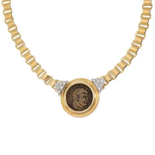 VINTAGE 14K GOLD DIAMOND OLD BRONZE COIN PENDANT NECKLACE LIQUIDATION: VINTAGE 14K GOLD DIAMOND OLD BRONZE COIN PENDANT NECKLACE Vintage 14k Gold Diamond Old Bronze Coin Pendant Necklace Description This is a vintage style necklace, crafted from 14kyellow gold with polis