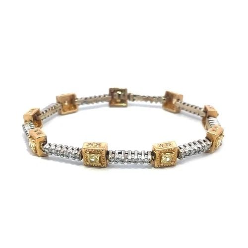 DIAMOND 18K GOLD BRACELET CUBE & BAR LINKS TWO TONE YELLOW DIAMOND: This beautiful bracelet is crafted from 18k yellow and white gold, it featuring slim long bar like link in white gold with prong set diamonds, between each diamond set bar is a cut out square shape mo