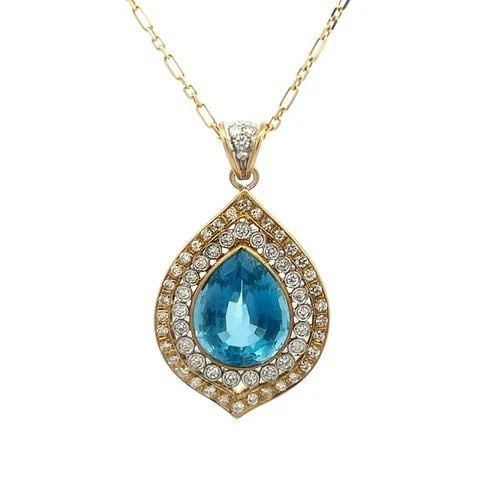 AQUAMARINE DIAMOND GOLD PENDANT 18K YELLOW 14K CHAIN PEAR SHAPE HALO STYLE (1 of 2)