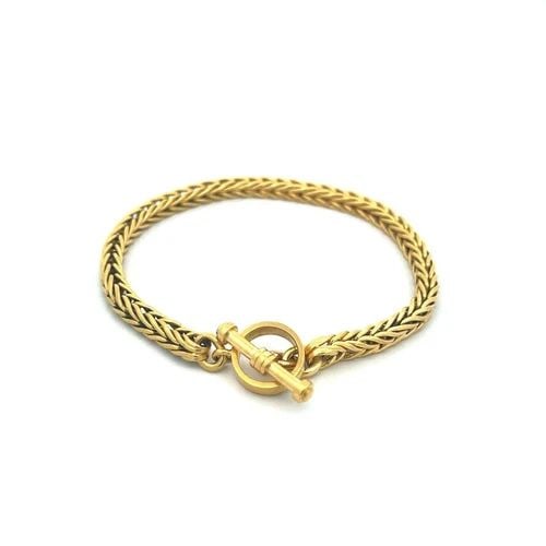 22K YELLOW GOLD 5MM SPIGA LINK TOGGLE CLASP BRACELET LOUIS FARKOVITZ: 22K YELLOW GOLD 5MM SPIGA LINK TOGGLE CLASP BRACELET LOUIS FARKOVITZ This is a signed designer bracelet by Louis Farkovitz, it is crafted from 22k yellow gold featuring a 5mm thick wheat/spiga link ch