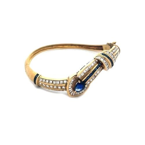 DIAMOND SAPPHIRE GOLD BRACELET 18K YELLOW CURVED HINGE DESIGN BANGLE (1 of 2)