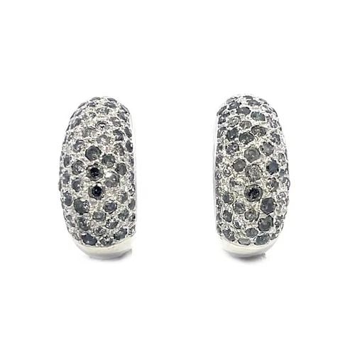 DIAMOND 18K GOLD HOOP EARRINGS BLACK & WHITE SPARKLE OVAL SHAPE: DIAMOND 18K GOLD HOOP EARRINGS BLACK & WHITE SPARKLE OVAL SHAPE This stunning pair of oval hoop earrings are crafted from 18k white gold with a polished finish. The front of the dome shape earrings ha