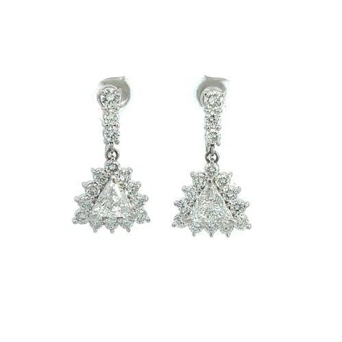 DIAMOND TRILLIONS PLATINUM EARRINGS FOR NON PIERCED: DIAMOND TRILLIONS PLATINUM EARRINGS FOR NON PIERCED These stunning earrings are finely crafted from platinum featuring a triangle cut frame dangling from a slim bar top with screw pressure backs. The 