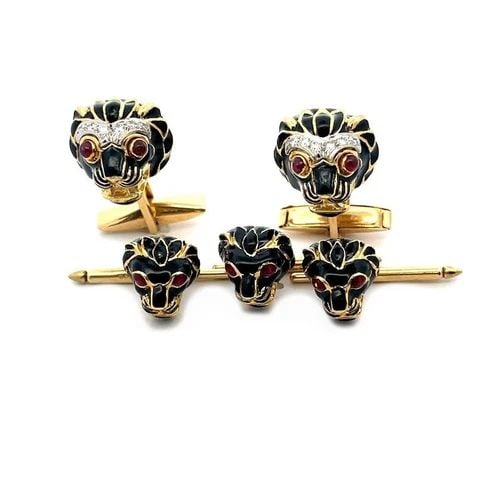 DIAMOND ENAMEL LION CUFFLINKS STUD SET 14K YELLOW GOLD (1 of 2)