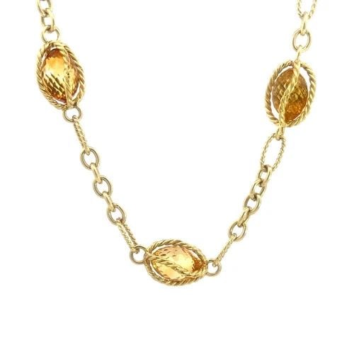 DAVID YURMAN GOLD NECKLACE GEMSTONE MOTIFS 18K YELLOW CABLE TOGGLE CLASP: DAVID YURMAN GOLD NECKLACE GEMSTONE MOTIFS 18K YELLOW CABLE TOGGLE CLASP The David Yurman Gold Necklace features 3 gemstone motifs set in 18k yellow gold. The necklace has assorted size oval link chai