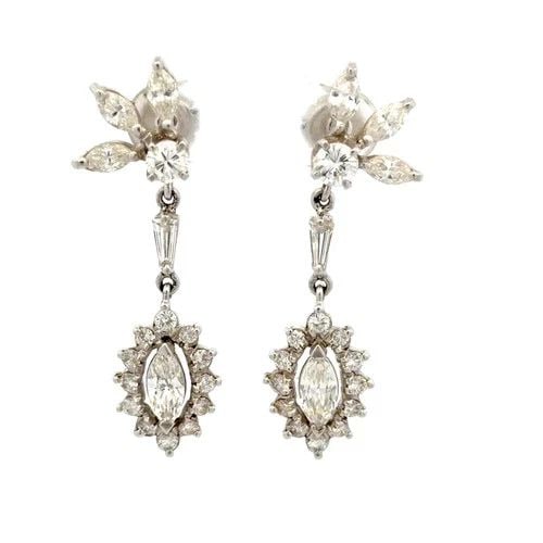 DIAMOND GOLD DANGLE EARRINGS 14K WHITE GOLD MARQUISE FLORAL STYLE: DIAMOND GOLD DANGLE EARRINGS 14K WHITE GOLD MARQUISE FLORAL STYLE These beautiful and elegant vintage dangle earrings feature a floral dangle style with larger marquise diamond in halo dangle below a 
