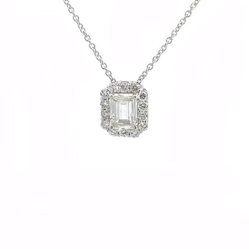 EMERALD CUT DIAMOND PENDANT 1.03CT HALO 14K WHITE GOLD NECKLACE NEW W/GIA: EMERALD CUT DIAMOND PENDANT 1.03CT HALO 14K WHITE GOLD NECKLACE NEW W/GIA This is a brand-new diamond pendant and chain necklace; this stunning octagon shape pendant has a gorgeous emerald cut diamond