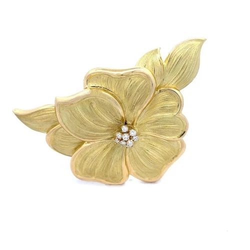 DIAMOND ENGRAVED FLOWER 18K BROOCH EXTRA LARGE (1 of 2)