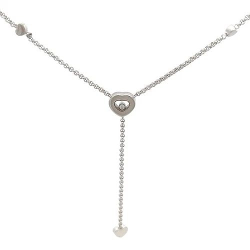 4965 CHOPARD HAPPY DIAMONDS 18K WHITE GOLD LARIAT HEART PENDANT CHAIN NECKLACE: 4965 CHOPARD HAPPY DIAMONDS 18K WHITE GOLD LARIAT HEART PENDANT CHAIN NECKLACE This elegant authentic necklace is by Chopard from the Happy Diamond Collection. It is well crafted in 18k white gold wit