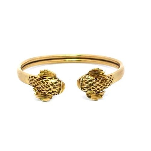 LALAOUNIS GOLD BRACELET 18K YELLOW DOUBLE FISH HEAD CUFF STYLE FLEX BAND (1 of 2)