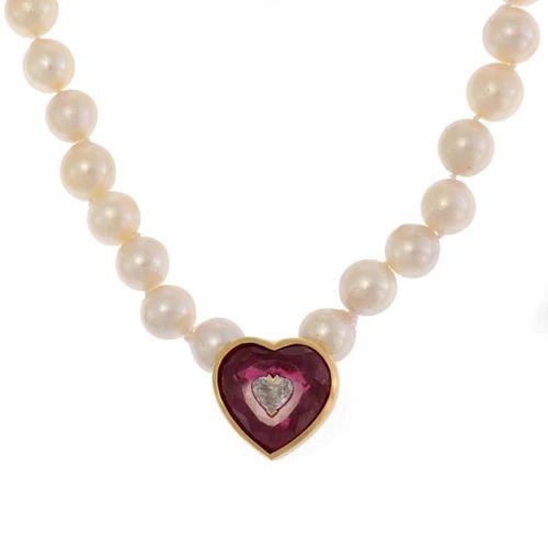 VINTAGE TOURMALINE DIAMOND PEARLS 18K 14K GOLD NECKLACE (1 of 2)