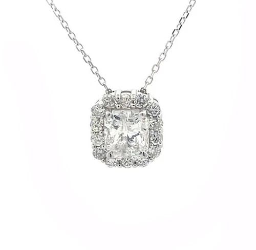 RADIANT CUT DIAMOND PENDANT 1.17CT HALO 14K WHITE GOLD NECKLACE NEW: RADIANT CUT DIAMOND PENDANT 1.17CT HALO 14K WHITE GOLD NECKLACE NEW This is a brand-new diamond pendant and chain necklace, it is 14k white gold octagon shape pendant with a gorgeous radiant cut diamo