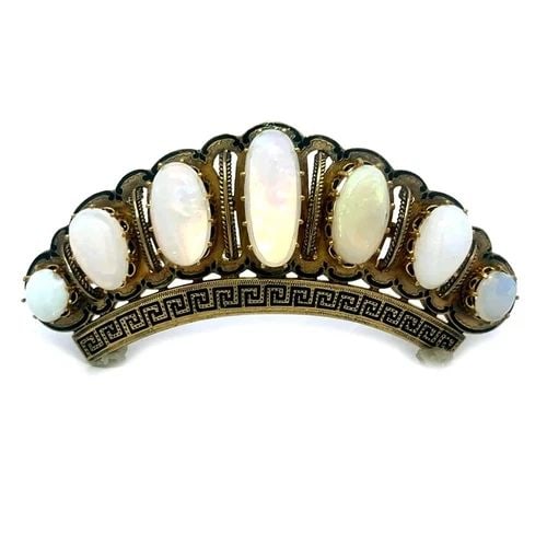VICTORIAN GOLD OPAL BROOCH 18K YELLOW LARGE CURVED SHAPE ENAMEL DESIGN: This is a gorgeous Victorian Era piece that exudes classic elegance. Crafted from 18k yellow gold, this brooch features a stunning multicolor opal cabochon set in a prong setting, ensuring that it is 