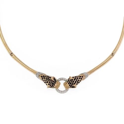 VINTAGE DIAMOND 14K GOLD 2 PANTHER HEAD DOOR KNOCKER NECKLACE (1 of 2)
