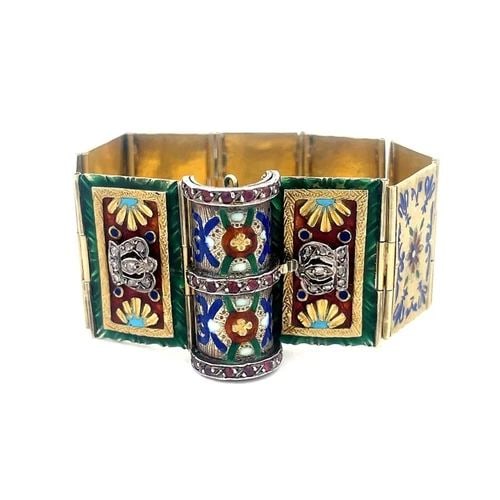 VICTORIAN DIAMOND GOLD BRACELET FOLDING ENAMEL BOOK 14K SMALL SIZE 6.3": VICTORIAN DIAMOND GOLD BRACELET FOLDING ENAMEL BOOK 14K SMALL SIZE 6.3" This is a gorgeous Victorian Era bracelet, it is 14k yellow gold with silver accent featuring 9 hinged rectangle shaped panels/b