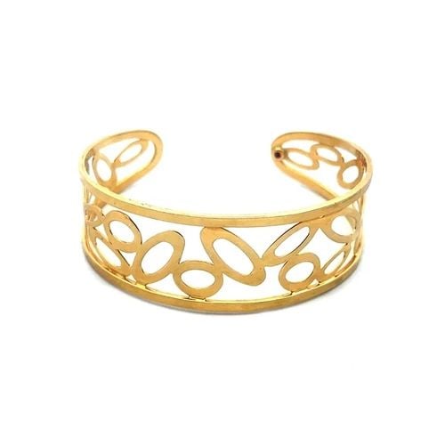 ROBERTO COIN GOLD BRACELET CHIC AND SHINE OPEN STYLE WIDE CUFF 18K: This chic authentic bracelet is by Roberto Coin from the Chic and Shine Collection. Crafted in Italy, this exquisite 18k yellow gold cuff boasts a classic open style with assorted size oval shape ring