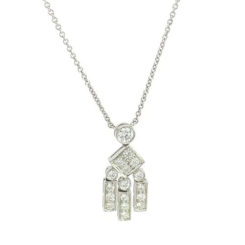 TIFFANY & CO. LEGACY NECKLACE DIAMOND PLATINUM MOVABLE FIGURE: TIFFANY & CO. LEGACY NECKLACE DIAMOND PLATINUM MOVABLE FIGURE This lovely pendant and chain necklace is by Tiffany & Co. from the Legacy Collection. It is crafted from platinum. The pendant features a