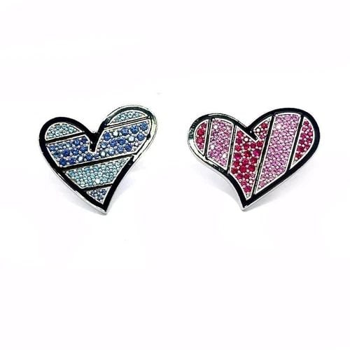 ROMERO BRITTO GOLD HEART CUFFLINKS 18K WHITE ENAMEL WHALE BACK WITH GEMS: ROMERO BRITTO GOLD HEART CUFFLINKS 18K WHITE ENAMEL WHALE BACK WITH GEMS This is a charming pair of contemporary-colored stones cufflinks by Romero Britto. The pair is crafted from solid 18k white gol