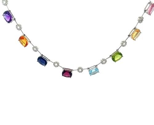 DIAMONDS GOLD NECKLACE 18K WHITE STICK LINK GEMS MOTIFS: DIAMONDS GOLD NECKLACE 18K WHITE STICK LINK GEMS MOTIFS This fabulous necklace is crafted from 18k white gold featuring alternating rectangle and small round frames, the rectangle frame has colored ov