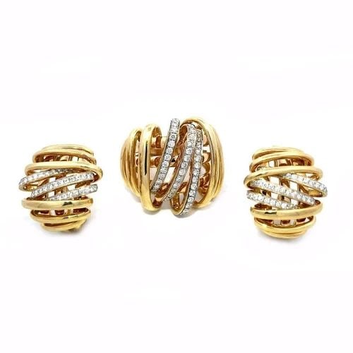 DIAMOND GOLD EARRINGS & RINGS SET 14K YELLOW RIBBON WRAP DESIGN (1 of 2)