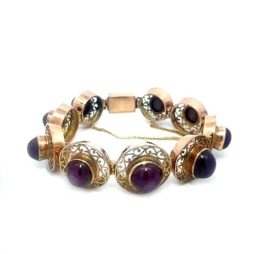 RETRO ROSE GOLD STAR RUBY BRACELET 11K SCROLL ROUND LINKS 29CT CABOCHON GEM (1 of 2)