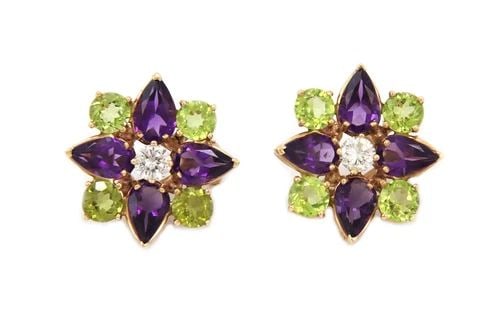 ESTATE 10.60CT DIAMOND PERIDOT AMETHYST 14K GOLD FLOWER EARRINGS LIQUIDATION (1 of 2)