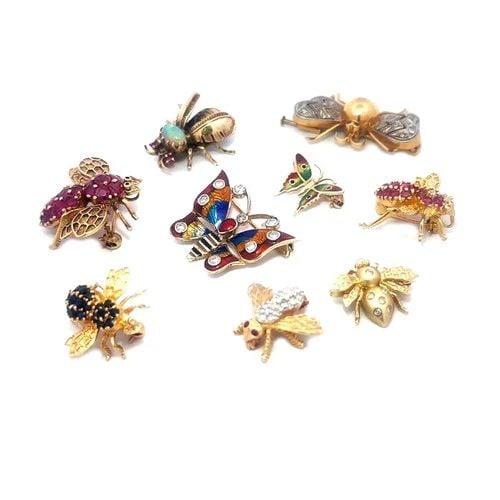BEES & BUTTERFLIES DIAMOND GOLD & GEMS SET OF 9 PINS 14K TWO TONE ENAMEL (1 of 2)