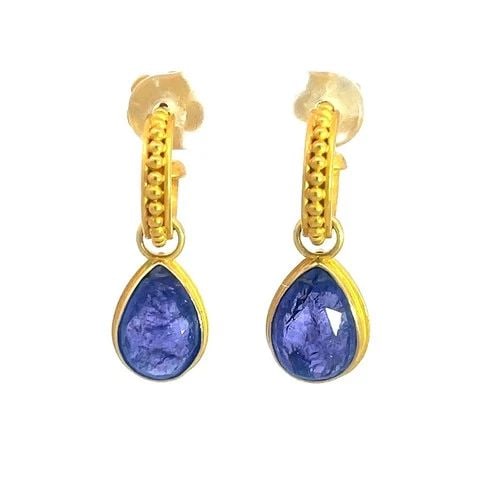 CAROLYN TYLER GOLD GEMSTONE EARRINGS 18K YELLOW DANGLE STYLE: CAROLYN TYLER GOLD GEMSTONE EARRINGS 18K YELLOW DANGLE STYLE The Carolyn Tyler Gold Gemstone Earrings are a stunning pair of 18k yellow gold beaded hoop top dangle style earrings featuring teardrop-sh