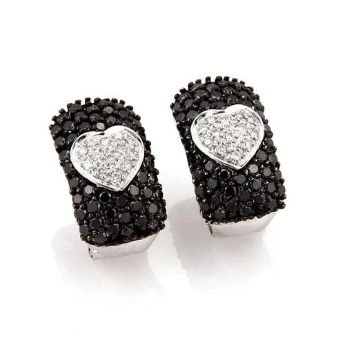 WIDE 4.56 CARATS BLACK &WHITE DIAMOND 18K GOLD HEART EARRINGS LIQUIDATION: WIDE 4.56 CARATS BLACK &WHITE DIAMOND 18K GOLD HEART EARRINGS Wide 4.56 Carats Black &White Diamond 18k Gold Heart Earrings Description This lovely pair of earrings are crafted from 18k white gold. It