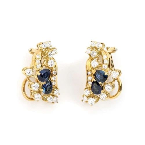 18K DIAMOND & SAPPHIRE YELLOW GOLD FLORAL POST CLIP EARRINGS: 18K DIAMOND & SAPPHIRE YELLOW GOLD FLORAL POST CLIP EARRINGS Yellow Gold Diamond & Sapphire Floral Post Clip Earrings Description This beautiful pair of earrings are crafted from 18k yellow gold with 