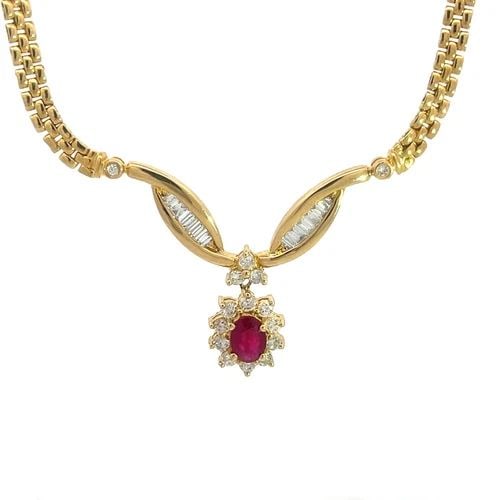 DIAMOND RUBY GOLD NECKLACE RUBY 18K YELLOW PANTHER LINK CHAIN (1 of 2)