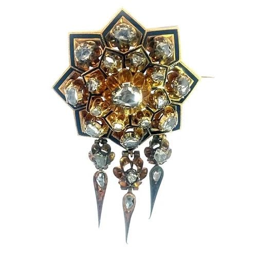 VICTORIAN DIAMOND GOLD BROOCH 18K YELLOW ENAMEL STARBURST DANGLE PENDANT (1 of 2)