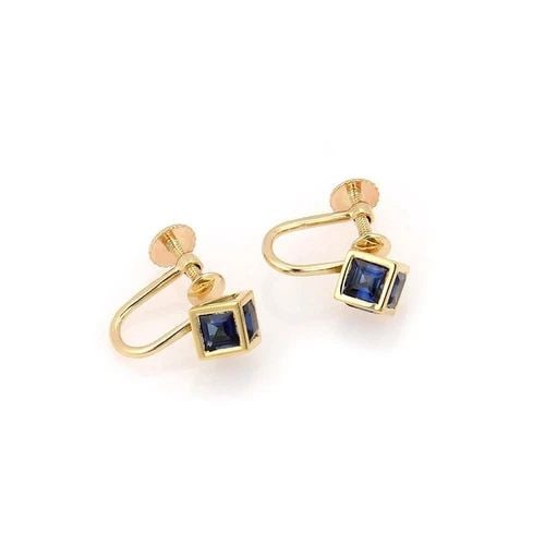 TIFFANY & CO. 18K YELLOW GOLD 2.40CTW SQUARE CUT SAPPHIRE CUBE EARRINGS: TIFFANY & CO. 18K YELLOW GOLD 2.40CTW SQUARE CUT SAPPHIRE CUBE EARRINGS These pretty pair of earrings are by Tiffany & Co. They are crafted from 18k yellow gold with a polished finish featuring blue s