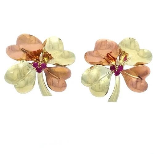 GOLD 14K GEMSTONE EARRINGS TWO TONE FLOWER STUD STYLE RETRO (1 of 2)