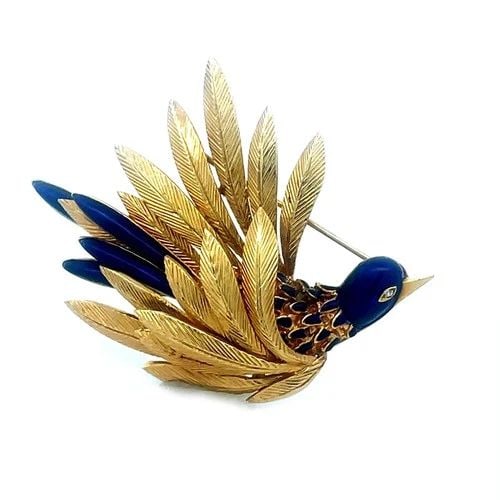 GOLD ENAMEL BROOCH DIAMOND 18K YELLOW 1960'S "BIRD IN FLIGHT" PIN (1 of 2)