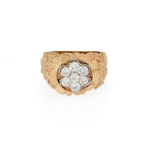 ESTATE 1.05CT DIAMOND 14K YELLOW GOLD NUGGET STYLE MEN'S RING LIQUIDATION: ESTATE 1.05CT DIAMOND 14K YELLOW GOLD NUGGET STYLE MEN'S RING LIQUIDATION Estate 1.05ct Diamond 14k Yellow Gold Nugget Style Men's Ring LIQUIDATION Description This is an eye catching large men's ring