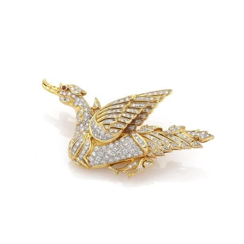 LOVELY 1.82CT DIAMOND RUBY 18K YELLOW GOLD SWAN BROOCH PIN LIQUIDATION! (1 of 2)