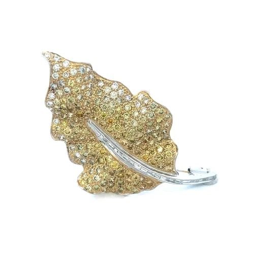 YELLOW DIAMOND LEAF BROOCH 18K GOLD TWO TONE WHITE AND YELLOW DIAMONDS: This is a gorgeous leaf brooch, it is crafted from 18k white and yellow gold featuring sparkling pave set yellow diamonds covering the entire top on warm yellow gold which adds a touch of natural eleg