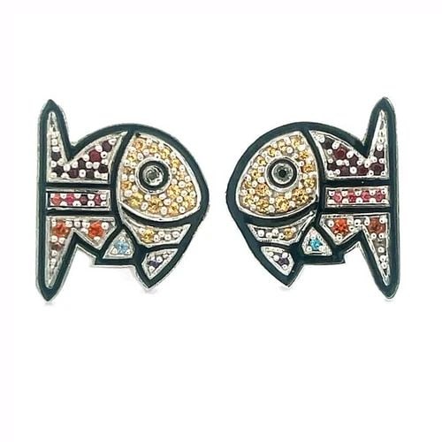 ROMERO BRITTO X OC 18K GOLD STUD FISH EARRINGS MULTICOLOR GEMSTONES ENAMEL: ROMERO BRITTO X OC 18K GOLD STUD FISH EARRINGS MULTICOLOR GEMSTONES ENAMEL These lovely authentic stud earrings are by designer Romero Britto from Orianne Collins Collection, they are crafted from 18k