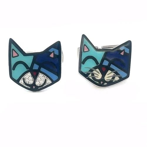 ROMERO BRITTO DIAMOND WHITE GOLD CAT CUFFLINKS X OC 18K ENAMEL (1 of 2)