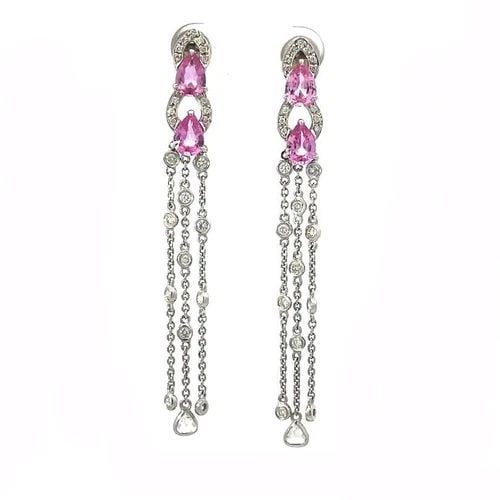 SAPPHIRE DIAMOND 18K GOLD EARRINGS PINK WHITE LONG DANGLE (1 of 2)