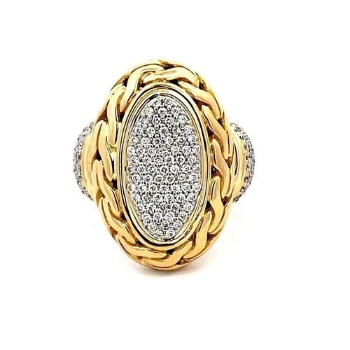 JOHN HARDY PAVE DIAMOND RING SIGNET CLASSIC CHAIN STYLE OVAL 18K GOLD: JOHN HARDY PAVE DIAMOND RING SIGNET CLASSIC CHAIN STYLE OVAL 18K GOLD This lovely John Hardy ring is crafted from 18k yellow gold with white gold accent. The ring features an oval shape with Hardy's c