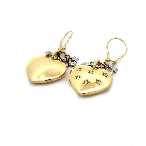 DIAMOND HEARTS DANGLE EARRINGS 18K GOLD STARS CRESCENT MOON MOTIFS SIGNED: DIAMOND HEARTS DANGLE EARRINGS 18K GOLD STARS CRESCENT MOON MOTIFS SIGNED This is a chic pair of earrings; they are signed and are crafted from 18k yellow and white gold featuring puffed hearts dangli