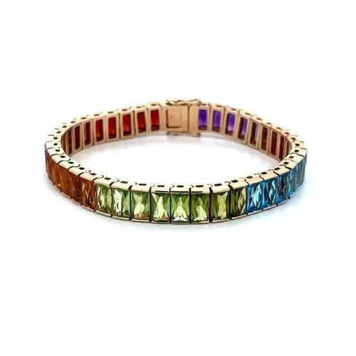 GOLD BRACELET RAINBOW MULTI-COLOR GEMS 14K YELLOW RECTANGLE LINK FLEX BAND: GOLD BRACELET RAINBOW MULTI-COLOR GEMS 14K YELLOW RECTANGLE LINK FLEX BAND This lovely multi-color gemstone gold bracelet is a fine piece of jewelry. It features unique rectangle shape long cut gemsto