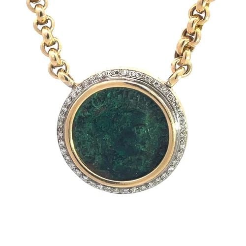 DIAMOND GOLD MEDALLION NECKLACE 14K YELLOW ANCIENT ROMAN COIN PENDANT: DIAMOND GOLD MEDALLION NECKLACE 14K YELLOW ANCIENT ROMAN COIN PENDANT This is a 14k yellow gold Rolo link chain attached to a 31mm round frame with diamond bezel. The center of the fame has a smooth p