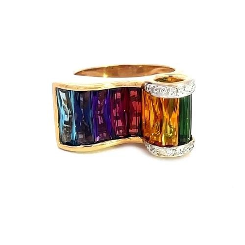 BELLARI DIAMOND GOLD RING 18K YELLOW MULTICOLOR GEMSTONES: BELLARI DIAMOND GOLD RING 18K YELLOW MULTICOLOR GEMSTONES This is a gorgeous fancy shape authentic ring by Bellari, crafted from 18k yellow gold featuring a long curved lounge chair shape like top, al