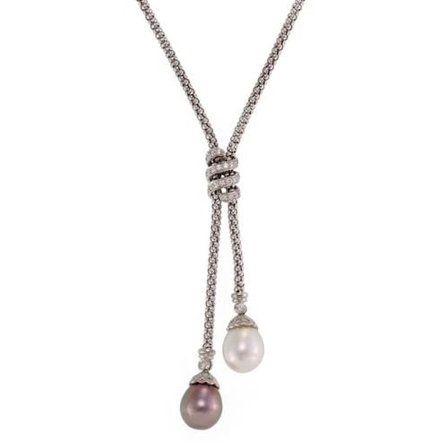 DIAMOND & PEARLS 18K WHITE GOLD DOUBLE DROP PENDANT NECKLACE LIQUIDATION!: DIAMOND & PEARLS 18K WHITE GOLD DOUBLE DROP PENDANT NECKLACE ! Diamond & Pearls 18k White Gold Double Drop Pendant Necklace ! Description This is a gorgeous mesh strand chain and double dangle pendant
